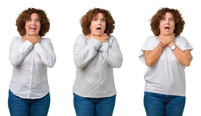 Canvas Print - Collage of middle age senior business woman wearing white t-shirt over white isolated background shouting and suffocate because painful strangle. Health problem. Asphyxiate and suicide concept.