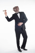 © Gaston - Persona con mascara de perro utilizando un traje de empresario con un habano en la mano , negocio relajado y fumando un puro. Festejo de un buen trato