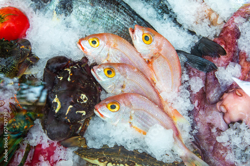 Seafood on ice at Fish Market. Fresh and raw red mullet fishes on ice. © Hakan Tanak