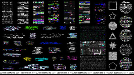 Fototapete - Glitch elements set. Computer screen error templates. Digital pixel noise abstract design. Poster design pixel details. Glitches collection. TV signal fail. Data decay. Technical problem grunge.