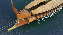Aerial Detail Photo Of Ancient Greek Warship Full Scale Replica Trireme In Port Of Faliron, Attica, Greece