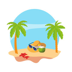 Sticker - summer beach with palms and straw hat scene