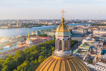 Aerial View Top With Colonnade Cross Of St Isaac's Cathedral, Background The Admiralty, Peter And Paul Fortress, The Winter Palace Hermitage, Overlooking Historic Part Of The City Saint-Petersburg.