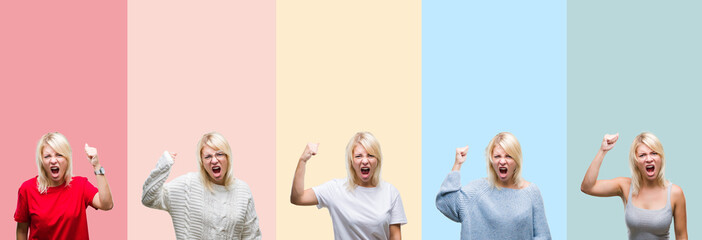 Sticker - Collage of beautiful blonde woman over colorful stripes isolated background angry and mad raising fist frustrated and furious while shouting with anger. Rage and aggressive concept.