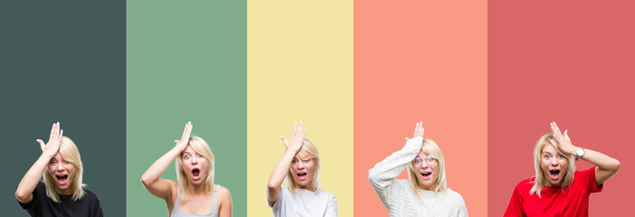 Wall Mural - Collage of beautiful blonde woman over vintage isolated background surprised with hand on head for mistake, remember error. Forgot, bad memory concept.