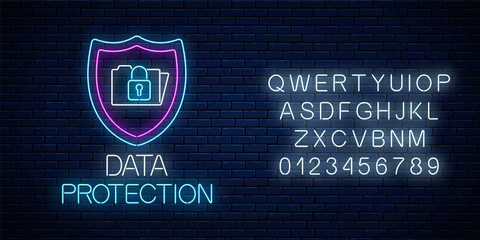 Data protection glowing neon sign with alphabet. Internet cyber security symbol with shield, folder and lock.