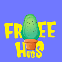 Free hugs text and cartoon green cactus in pot isolated on violet background. funny houseplant icon with quote or slogan for print on tee. International free hugs day concept