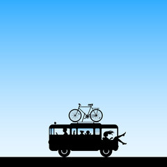Sticker - Cartoon retro car on road. Illustration with silhouettes of parents with children traveling in camper. Family road trip. Blue pastel background