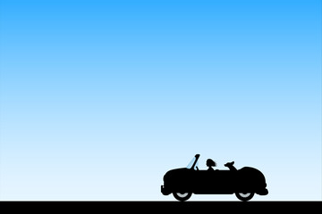 Poster - cartoon retro car on road. illustration with silhouettes of woman and dog traveling in camper. famil