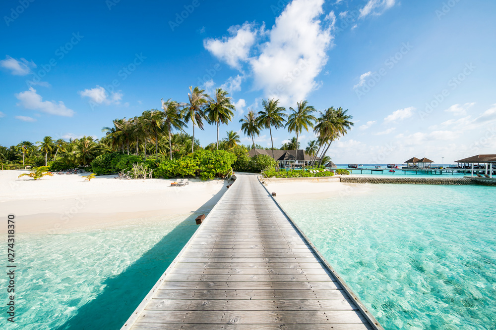 Letnie wakacje na tropikalnej wyspie z piękną plażą i palmami - obrazy, fototapety, plakaty 