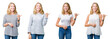 © Krakenimages.com - Collage of beautiful blonde woman over white isolated background smiling with happy face looking and pointing to the side with thumb up.