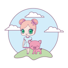 Poster - cute little doll with piggy animal in landscape