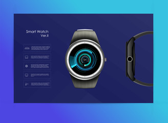 Poster - Vector realistic illustration of smart watch, technology functions and template text. Smart watch vector illustration.