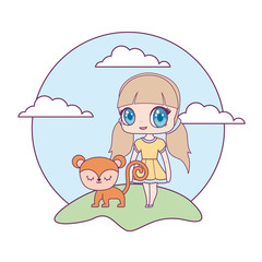 Sticker - cute little doll with monkey animal in landscape