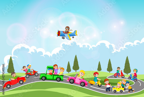 the children are playing with the car and another transportation in the beaut...