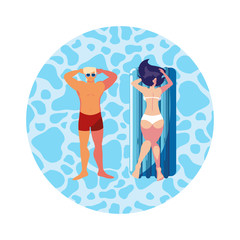 Poster - young couple with float mattress in water