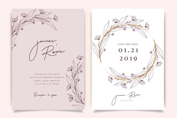 rose gold wedding invitation, floral invite thank you, rsvp modern card design in hand drawn flower 