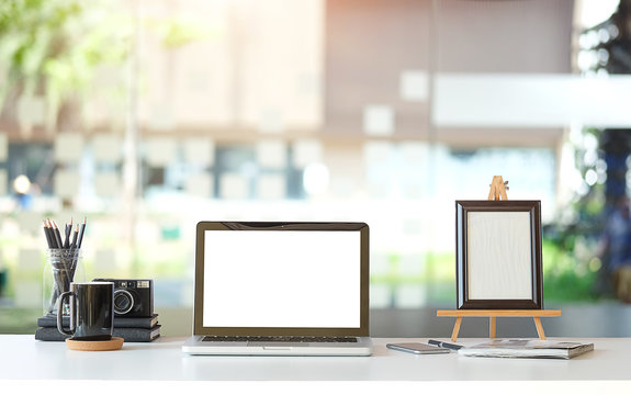 Workspace desk and laptop. copy space and blank screen. Business image, Blank screen laptop and supplies.