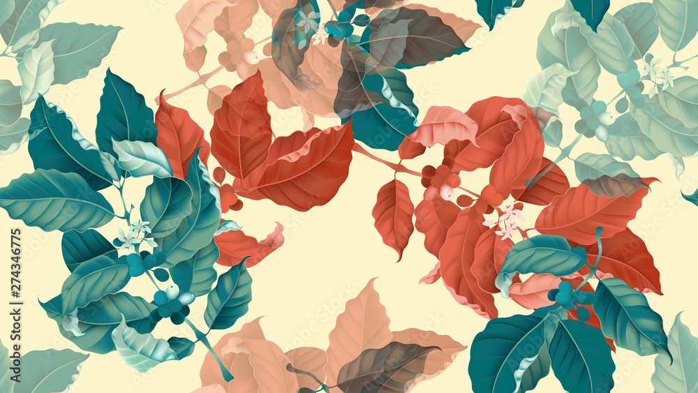 Coffee tree seamless pattern, branch of coffee tree in orange and green ...