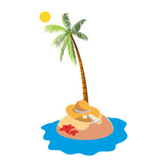 Sticker - summer beach with palm and straw hat scene