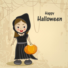 Wall Mural - Happy Halloween party celebration poster with little witch and pumpkin.