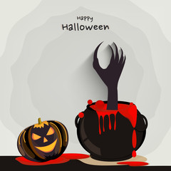 Wall Mural - Halloween party celebration poster, banner or flyer with scary pumpkin, witch hand and blood pot.