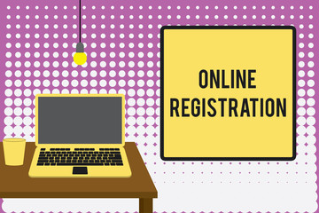 Fototapete - Conceptual hand writing showing Online Registration. Concept meaning System for subscribing or registering via the Internet Front view laptop lying on wooden desktop light bulb glass