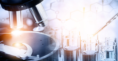 Poster - Research and development concept. Double exposure image of scientific and medical lab instrument, microscope, test tube and glass flask for microbiology and chemistry in laboratory for medicine study.