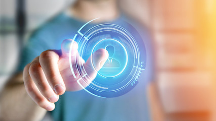 Poster - Businessman holding a Shinny technologic network contact button  - 3d render