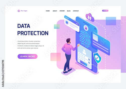 Fotomural Isometric young man with mobile phone, data protection, biometric lock
