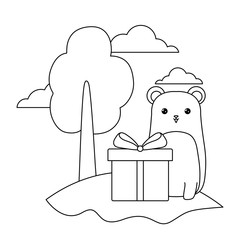 Sticker - panda bear animal with gift box in landscape