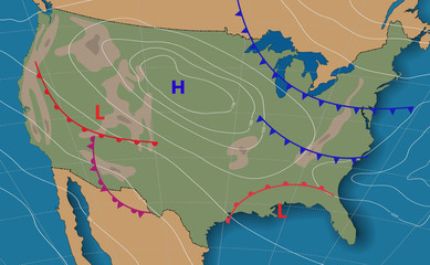 Wall Mural - weather forecast. meteorological weather map of the united state of america. realistic synoptic map 