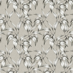 branches and leaves are painted with black pencil in vintage graphic style on grey textured seamless background, for design, wrapping paper, Wallpaper, fabric, textile