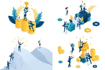 Poster - set isometric concept of team success. modern illustration concepts for website and mobile website d