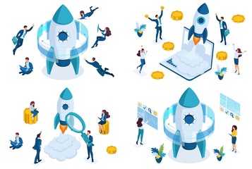 Poster - set isometric concept startup, business projects by young entrepreneurs, rocket flying up. to create