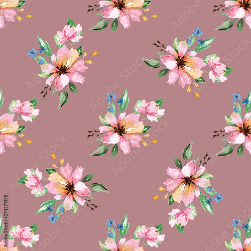 Watercolor flower seamless pattern. Repeat texture, wallpaper. Hand drawing v...