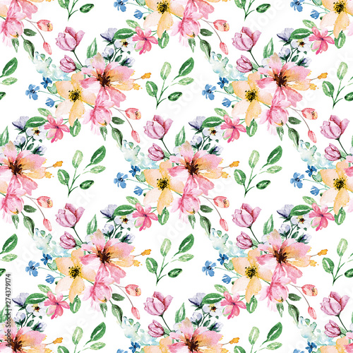 Watercolor flower seamless pattern. Repeat texture, wallpaper. Hand drawing v...