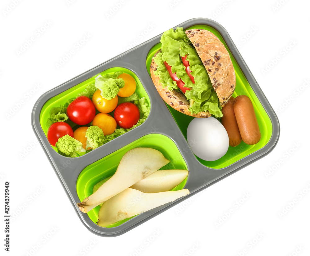 Lunch box with tasty food on white background