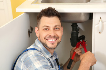 Wall Mural - Plumber installing sink in kitchen