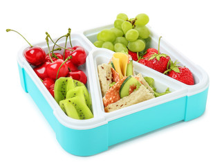 School lunch box with tasty food on white background