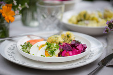 Scandinavian Midsummer Feast With Potato Salad, Salmon And Beetroot
