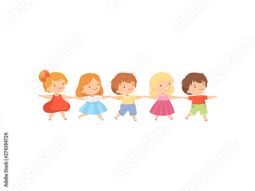 Kids Standing Together Holding Hands Cute Little Boys And Girls Cartoon Vector Illustration Stock Vector Adobe Stock