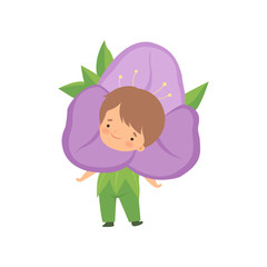 Sticker - Cute Little Boy Wearing Lilac Flower Costume, Adorable Kid Cartoon Character in Carnival Clothes Vector Illustration