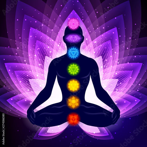 Fotografia  Meditating human in lotus pose. Yoga illustration.