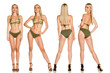© Jasmina - Collage of same pretty young lady in green swimsuit and sandals on white background