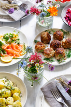 Scandinavian Midsummer Feast With Potato Salad, Meatballs, Salmon And Beetroot