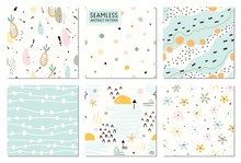 Seamless Abstract Patterns And Prints Set. Vector Fashion Collection Pastel Colors.