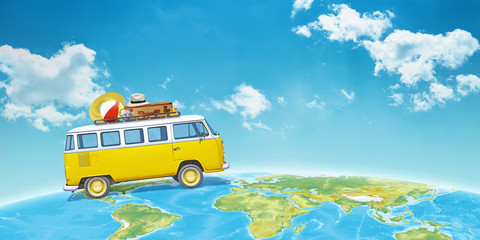 van travels across the globe. sky clouds in background. copy space beside. concept of tourism vacati