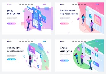 Set of isometric landing pages, young teenagers working on a tablet and on a mobile phone screen. concepts for website and mobile website development