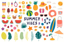 Big Summer Set With Fruits, Drinks, Pool Floats, Seashells, Palm Leaves. Isolated Objects On White Background. Hand Drawn Vector Illustration. Scandinavian Style Flat Design. Concept For Kids Print.